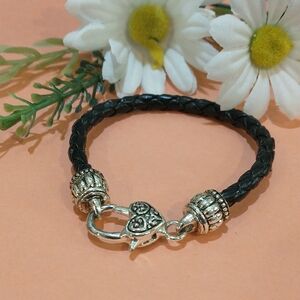 Heart Toggle Braided Leather Bracelet - Black